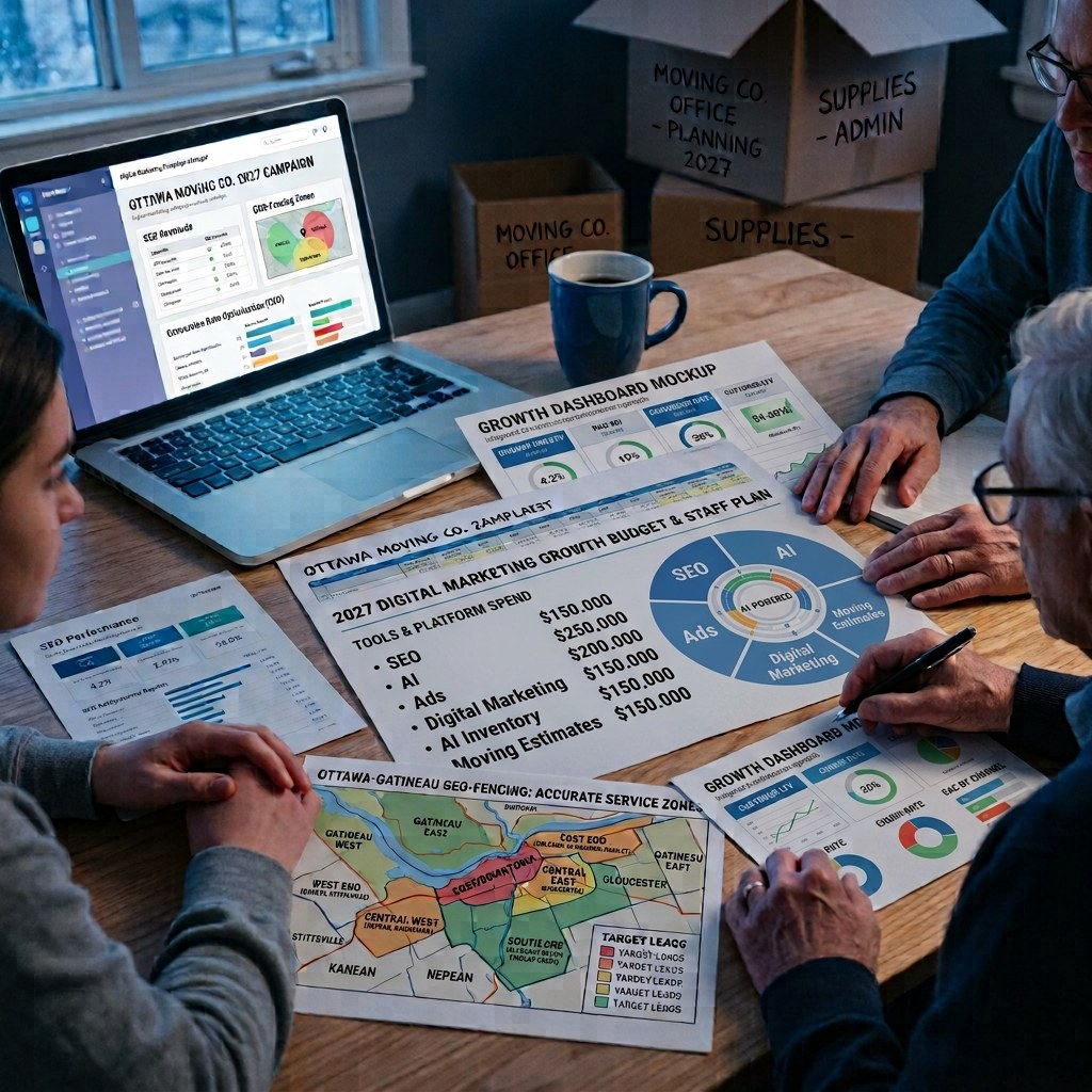 A team reviewing printed marketing and migration data spread across a desk, planning for the moving season ahead
