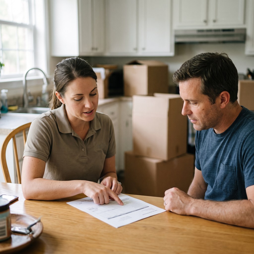 A moving company estimator reviewing a written moving estimate with a customer at a kitchen table, moving boxes visible in the background