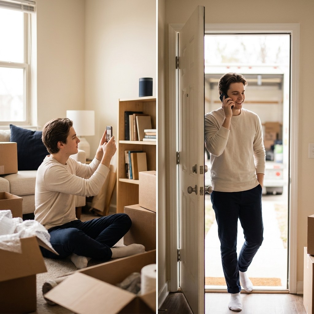A young adult photographing furniture with a smartphone for a moving estimate, then standing in the doorway on a phone call with a moving truck visible outside