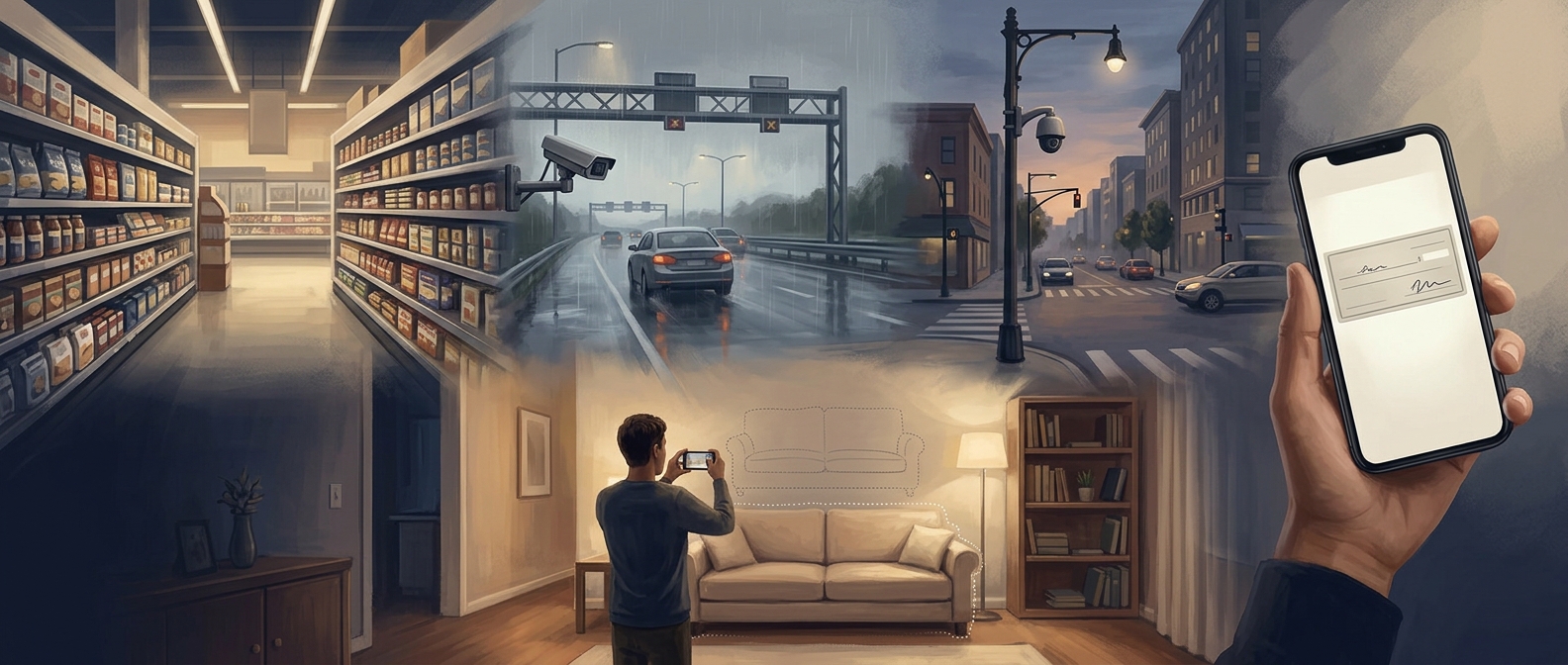 An illustrated collage of image recognition in everyday Canadian settings: grocery shelf cameras, a highway toll camera in the rain, a city traffic camera, mobile cheque deposit, and a person photographing a sofa for an AI moving inventory