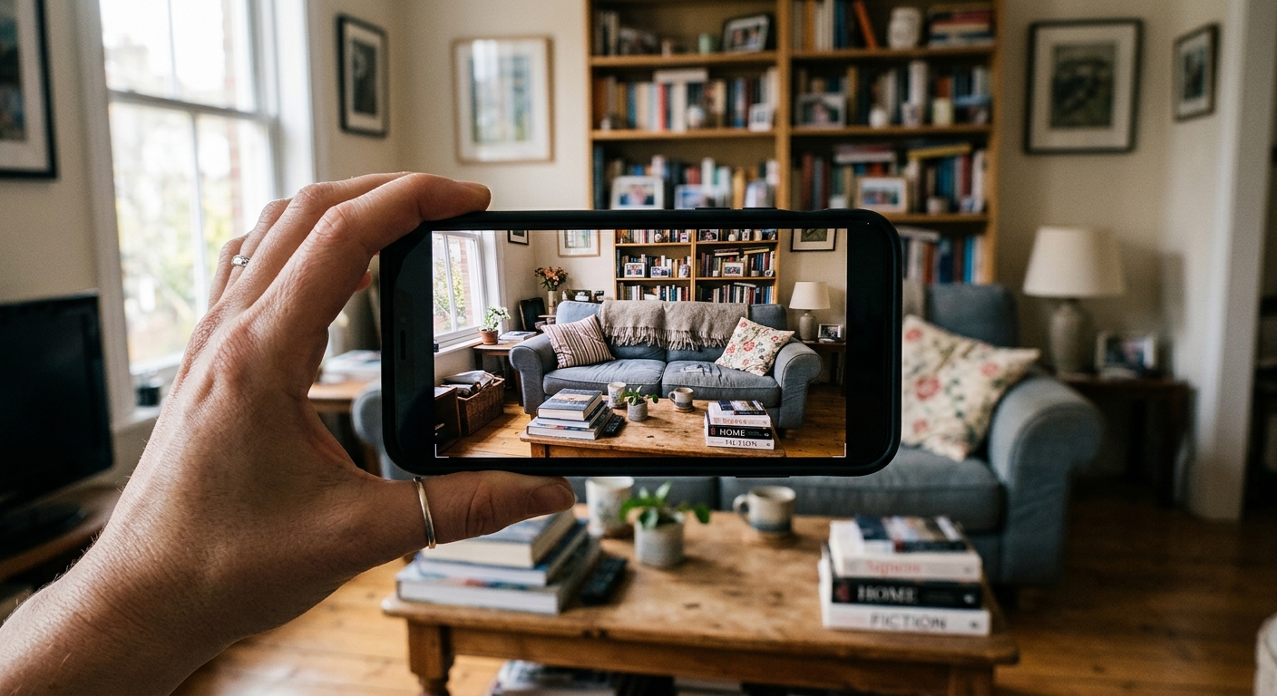 A person holding a smartphone photographing a living room with furniture and bookshelves