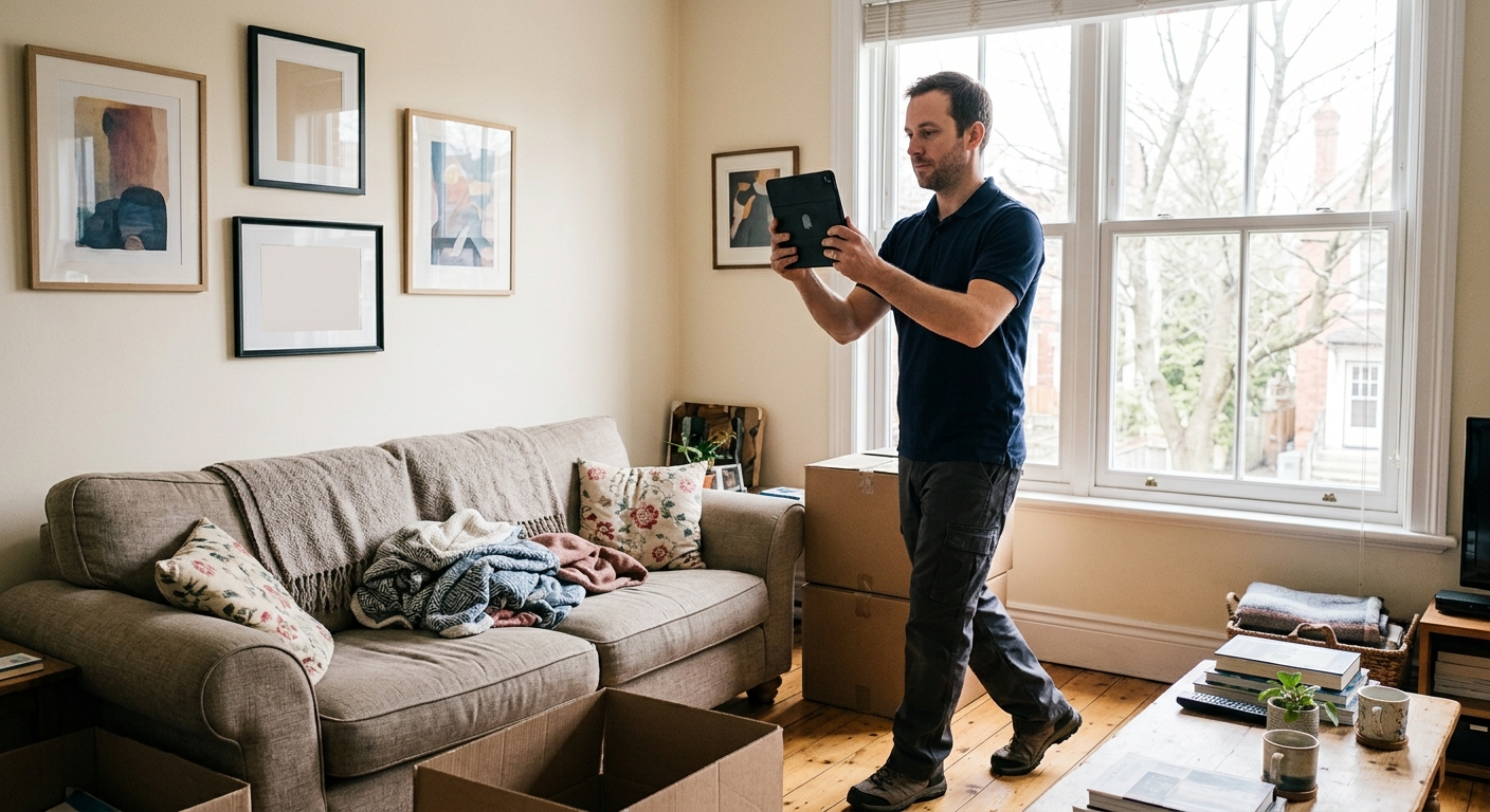 A man holding a tablet taking a photo of a living room with a sofa and windows