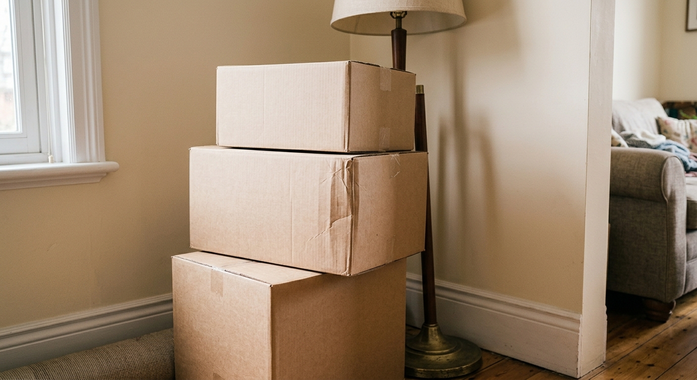 Multiple cardboard moving boxes stacked vertically next to a lamp