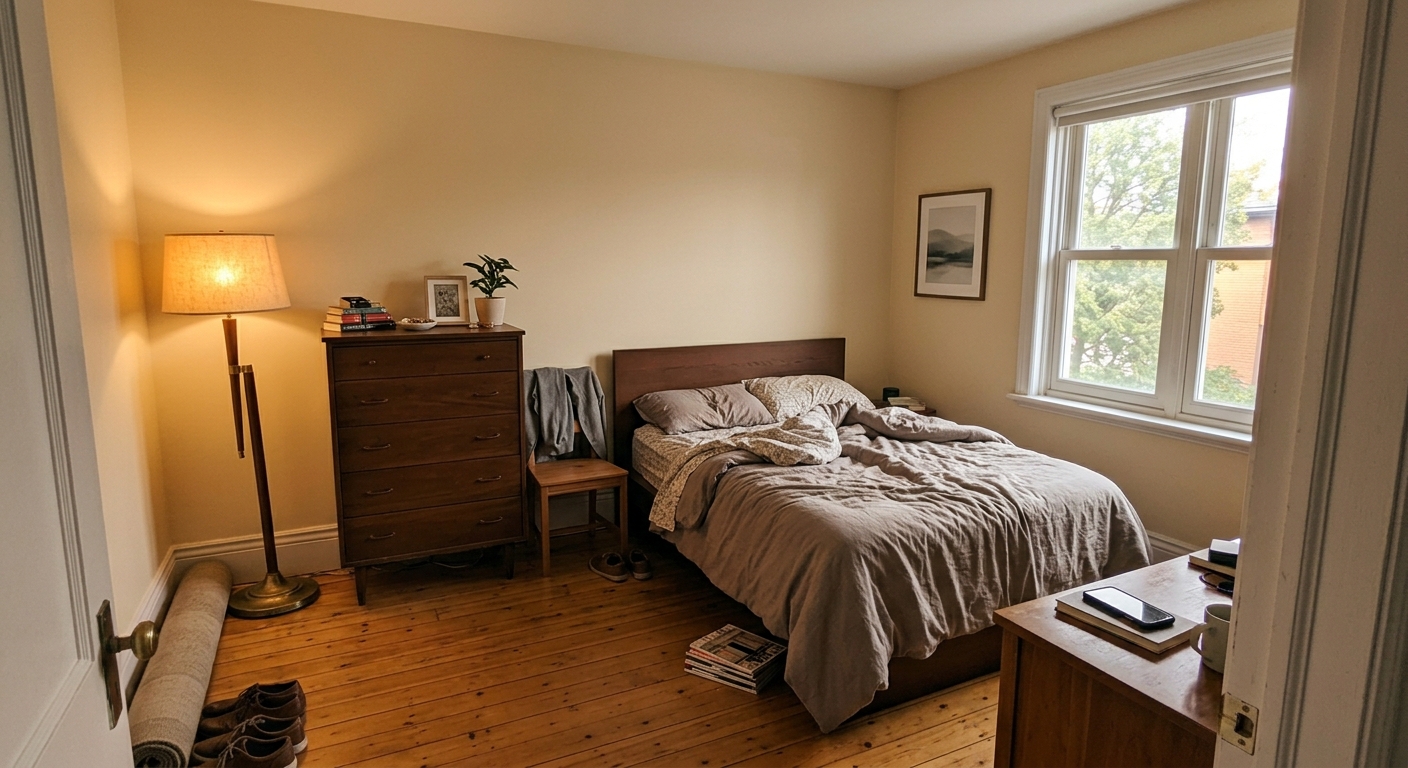 An organized bedroom with a made bed, dresser, lamp, nightstand, and windows providing natural light