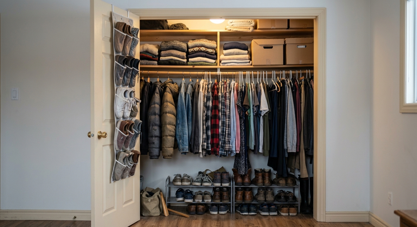 An organized walk-in closet with clothing on hangers, folded items on shelves, storage boxes, and a shoe rack