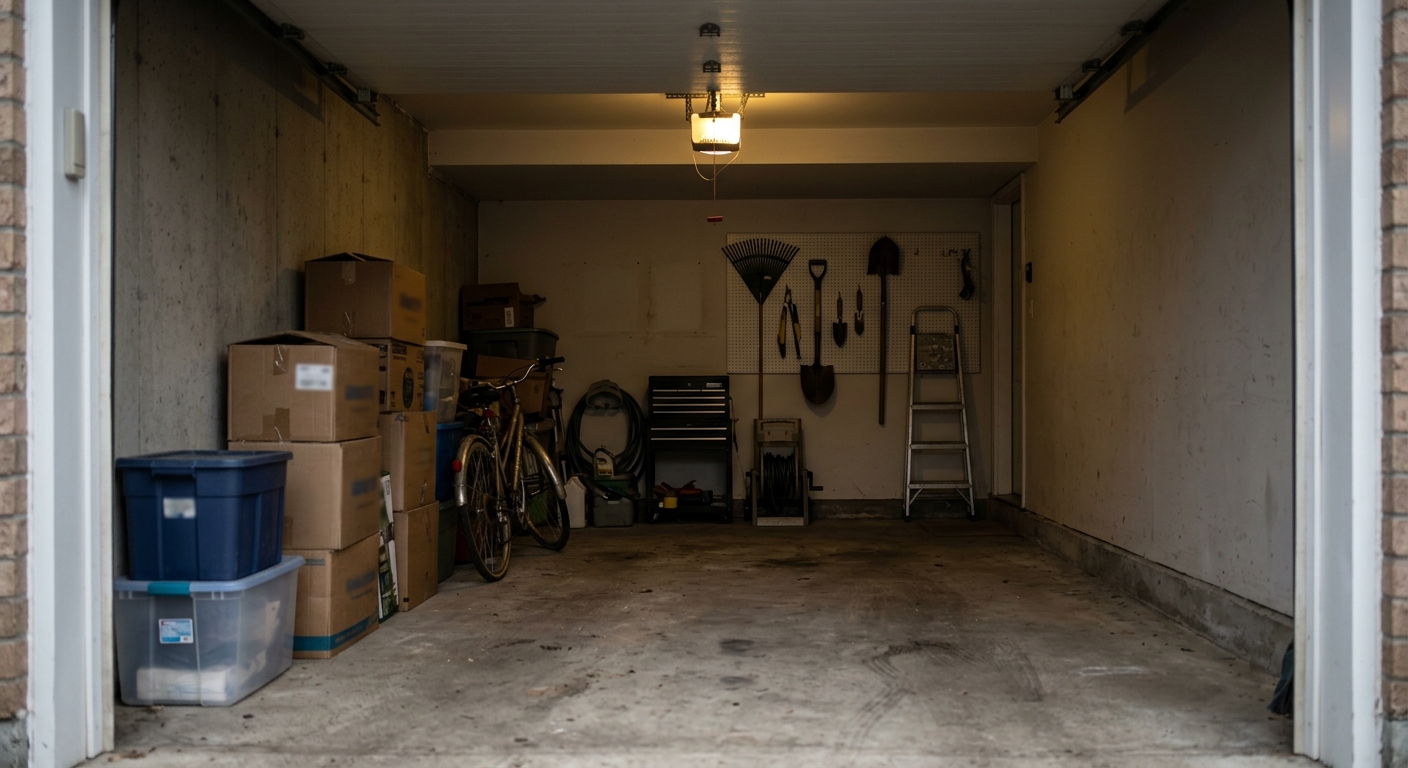 A garage with boxes, bike, tools on pegboard, storage containers, ladder, and various items